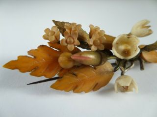 Antique,  Carved & Dyed Celluloid,  Autumnal Leaves & Flowers Brooch - 1910/20 ' s. 3