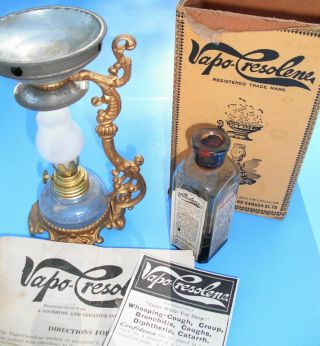 Antique " Vapo Cresoline " Vaporizer Lamp Complete W/ Box,  Pan,  Ad & Medication