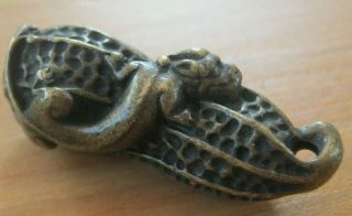 Unusual Oriental Miniature Bronze Statue Of A Peanut Shell With Baby Dragon
