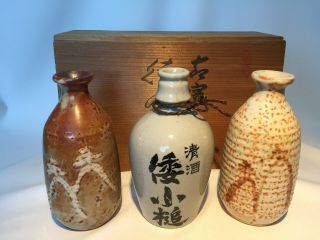Japanese Vintage Sino - Ware Ceramic Sake Bottle Tokkuri Pottery Kanji Gray W/box
