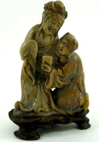Antique Hand Carved Soapstone Chinese Figures With Wooden Stand