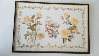 Vintage Hand Embroidered Panel Picture Roses Flowers Framed In Bristol In 60s