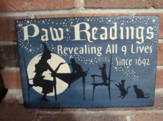 Primitive Style Halloween “the Paw Reading” Sign Hand Painted Blue