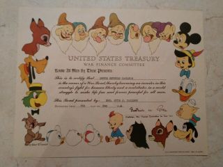 Rare 1945 U S Treasury War Savings Bond Certificate Disney Characters
