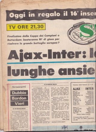 1972 European Cup Final Ajax V Inter Milan (rare Stadio Newspaper)