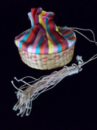 Old Chinese Silk Purse Pouch Colorful Stripe Silk On Woven Basket With Tassels