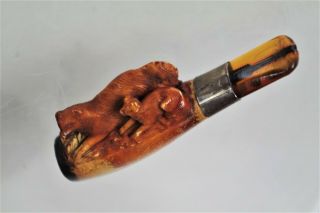 Antique Cigar Holder With Animal Feature / Amber Mouthpiece With Case