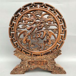 Collect Chinese Solid Wood Hand - Carved Bat & “福” Word Hollow Out Screen Statue