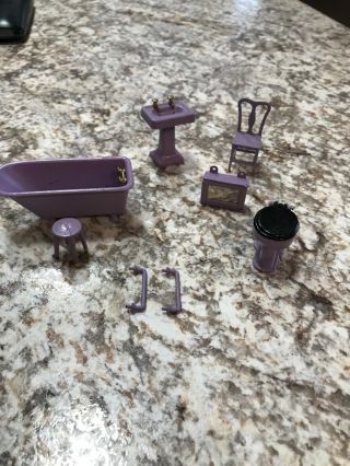 Vintage Tootsie Toy Doll House Furniture Bathtub Toilet Sink Chair Mirror Purple