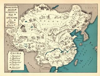 1932 Antique Animated Tibet Mongolia Manchuria Map Rare Map Of China Blu 7270