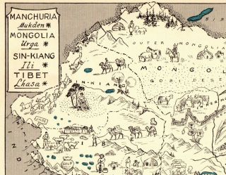 1932 Antique Animated Tibet Mongolia Manchuria Map RARE Map of China BLU 7270 3