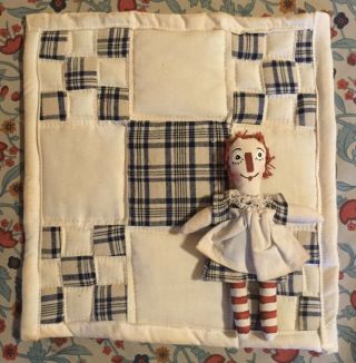 Mini Primitive Raggedy Ann Doll With Quilt Homespun Handcrafted Folk Art