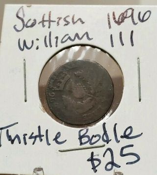 1696 William Iii Rare Scottish Thistle Bodle Or Turner Copper