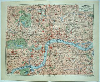 London England: 1908 Inner City Map By Meyers.  Antique