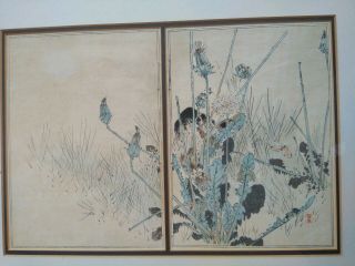 Antique Japanese Watercolour Of A Crow Behind A Dandelion Plant.  Framed And.