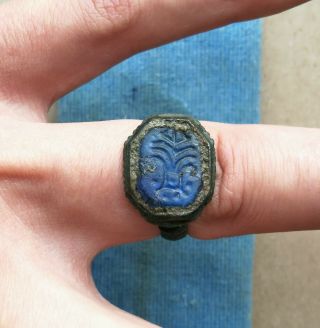 Ancient Viking Old Bronze Ring With Runes Blue Glass Very Rare