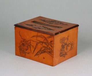 Antique Chinese Cigarette Dispensing Box With Incised Decoration And Calligraphy