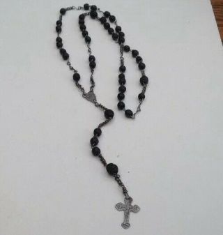 Antique Victorian Whitby Jet Carved Bead Black Rosary Boxed 22 " Long Now £35.  00