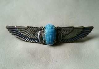 Antique Art Deco Egyptian Revival Sterling Silver Winged Scarab Beetle Brooch.