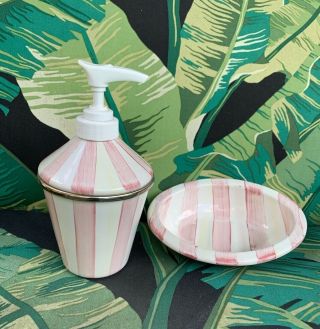 Mackenzie Childs Bathing Hut Pink White Stripe Lotion Soap Dish Dispenser Rare