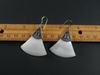 Pair Vintage 925 Sterling Silver Mother Pearl Abalone Shell Fan Shaped Earrings