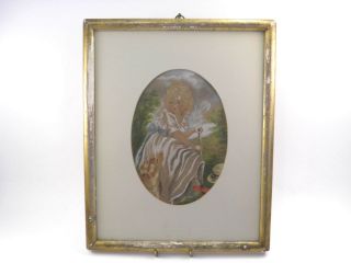 Antique 19th Century Pastel Drawing Portrait Of A Young Girl With Dog