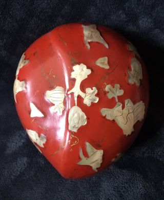 Antique Chinese Mother Of Pearl Inlay Melon Butterfly Peach Form Lacquered Box