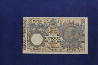 Italy / 5 Lire 1922 P.  23f Wonderful / Xf / Rare In That