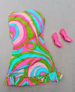 Vintage 1968 Barbie Doll Clothing Mod Dress " Swirly Cue " Outfit W/ Shoes 1822