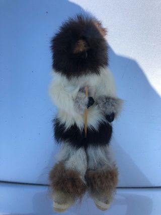 Vintage Wood Face Eskimo Inuit Indian Doll - Real Fur Rare With Staff