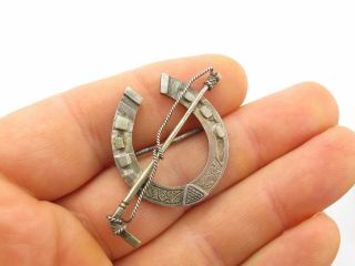Antique Victorian Sterling Silver Lucky Horse Shoe & Riding Crop Brooch Pin
