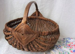 Antique Primitive Hand Woven Split Oak Melon Basket Splint Buttocks Cloth Lining