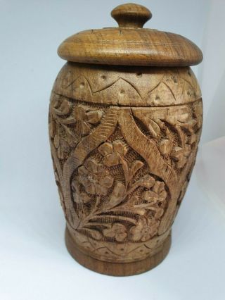 Vintage Treen Trinket Box/jar.  Round Wooden Hand Carved Lidded Box.  Impressive