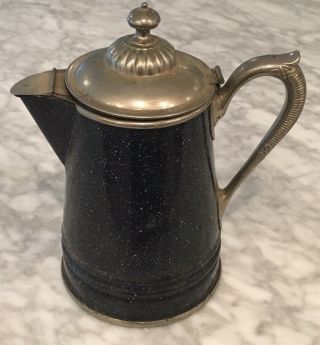 Antique Graniteware Coffee Pot Speckled Blue Pewter 9” Manning Bowman M B & Co