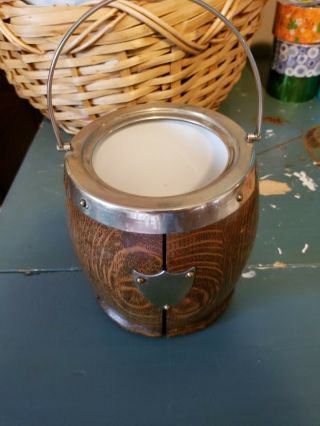 Antique Biscuit Barrel Tobacco Jar Brass Epns Shield Plate Wood Crock Vtg