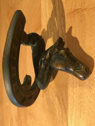 Vintage Heavy Brass Horse Head On Horse Shoe Door Knocker In Uncleaned