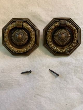2 Vintage Antique Brass Drop Ring Drawer Pulls Keeler 1 5/8” With Screw And Nail