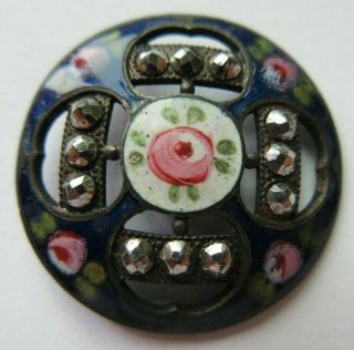 Gorgeous Antique Vtg French Champleve Enamel Button Pink Roses & Cut Steels (p)