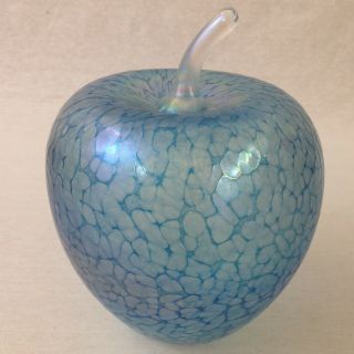 Large Glasform Blue Irridescent Apple Paperweight John Ditchfield Rare