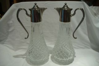 Vintage Piar Of Hobnail Cut Glass Claret Decanters With Silver Plated Tops.