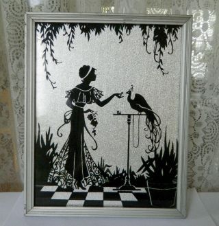 Vintage Reverse Painted Glass Silhouette Lady & Peacock Bird Foil Framed Picture