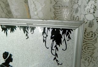 Vintage Reverse Painted Glass Silhouette Lady & Peacock Bird Foil Framed Picture 3