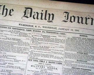 Rare WILMINGTON NC Northern Carolina Pre Civil War 1861 Old Antebellum Newspaper 3