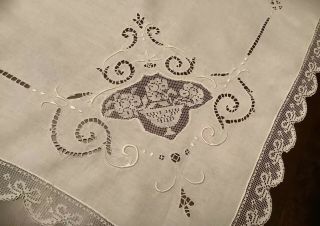 Antique 1920’s Tablecloth White Embroidered Vintage Cutwork & Needlework