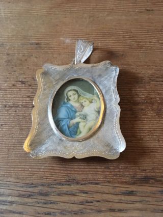 Silver 925 Pendant In Shape Of A Picture Frame With Madonna And Child Picture