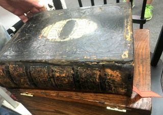 Antique Bible 1870s Leather 12 By 10 By 3 1/4 Tin Type In Back Red Marbling