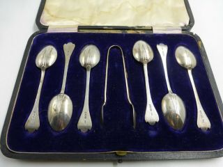 Set Of Six Silver Dog Nose Spoons And Sugar Tongs Sheffield 1916