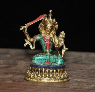 Collect Old Tibet Copper Inlay Matsuishi Manjusri Buddisattva Buddha Statue E01