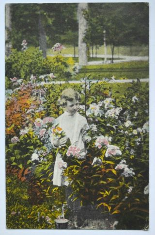 Old Postcard Children Among The Flowers Winona Lake Indiana Antique Divided Back