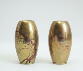 Two Good Antique 19th Century Japanese Small Inlaid Bronze Vases